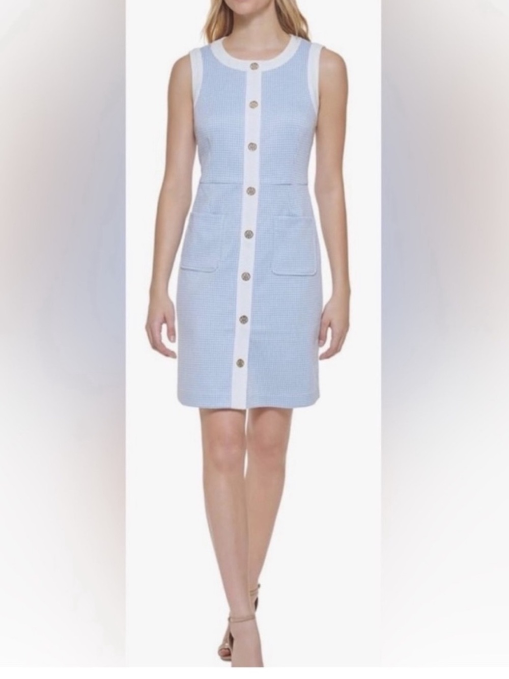Tommy Hilfiger Light Blue and White Sleeveless Button-Front Shift Dress
